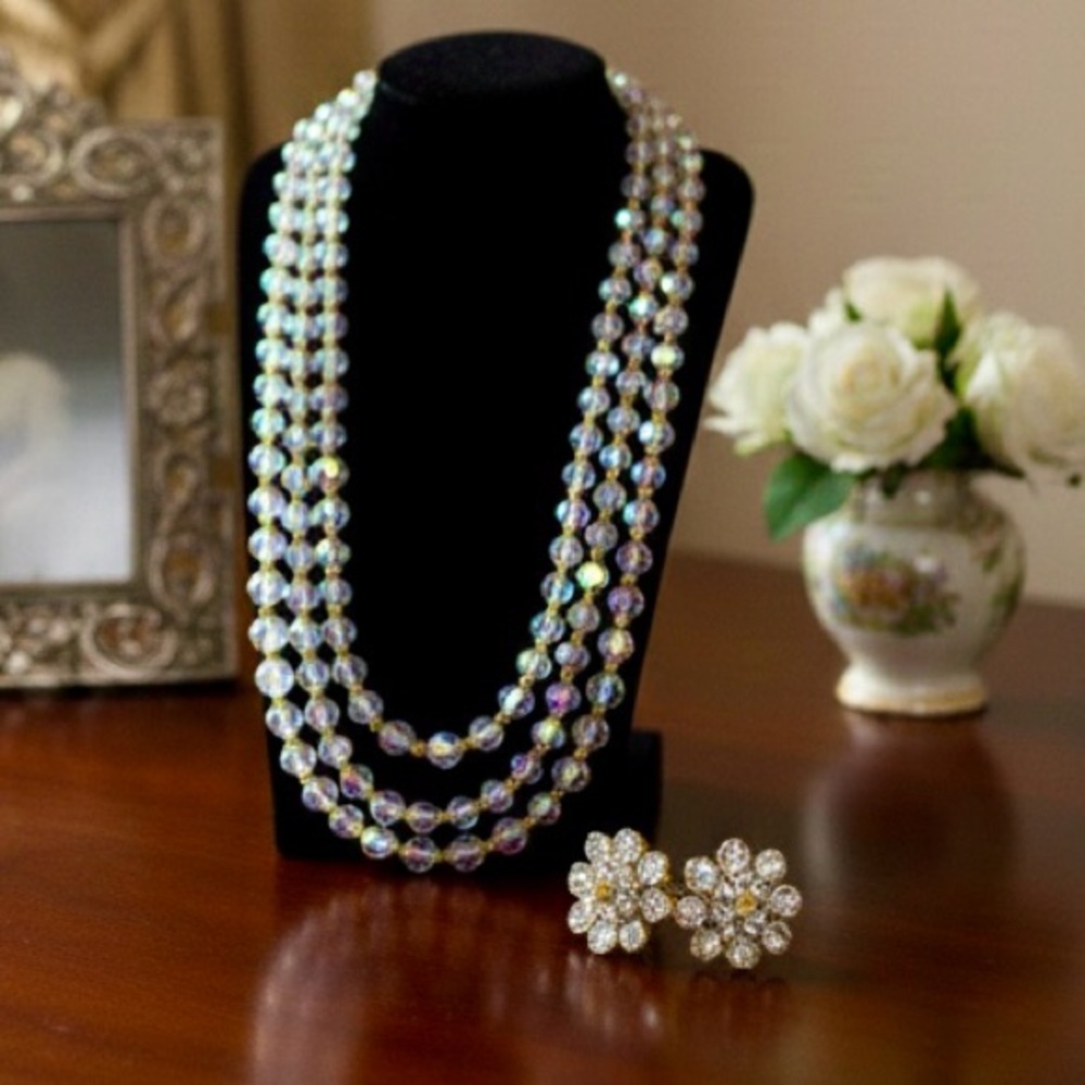 VTG ~ Laguna Aurora Borealis Crystal Bib Necklace 3 Strand w/ Earrings